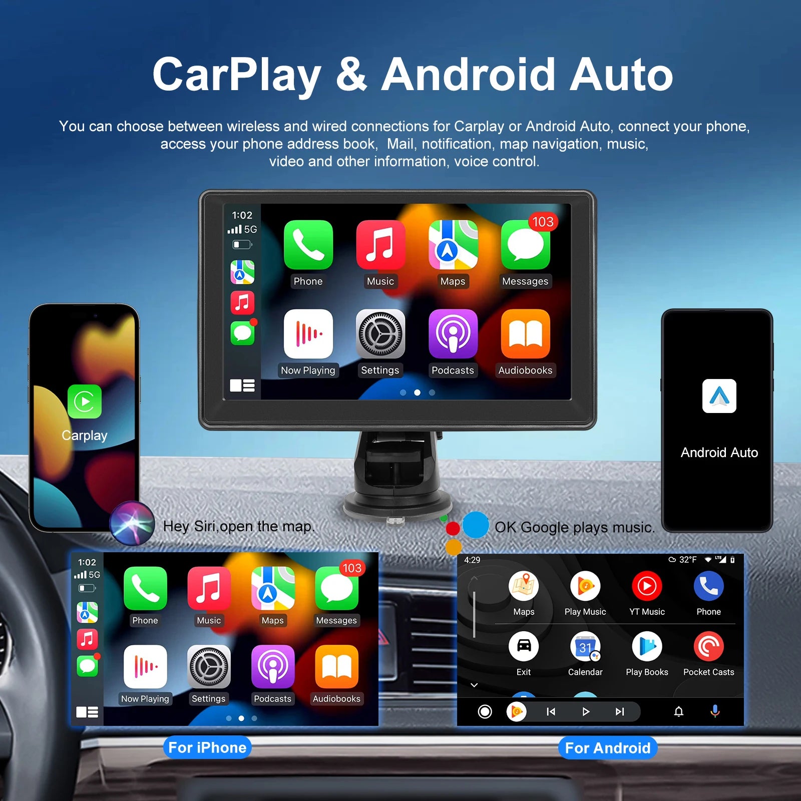 Lecteur vidéo de limitation d'autoradio universel, Carplay sans fil, Android Auto, écran tactile, pare-soleil B500, 7 pouces